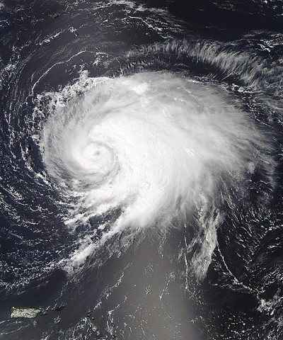 This visible image of Hurricane Leslie was captured by the MODIS instrument aboard NASA's Aqua satellite on Sept. 5 at 1:15pm EDT as the storm was approaching Bermuda. Leslie was just becoming a hurricane and its eye became visible. (Credit: NASA Goddard/MODIS Rapid Response Team)