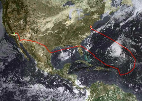 The flight path of the first HS3 Global Hawk unmanned aircraft from NASA's Dryden Flight Research Center at Edwards Air Force Base, Calif. to NASA's Wallops Flight Facility in Wallops Island, Va., on Sept. 5-6 included investigations of a tropical disturbance in the Gulf of Mexico and Hurricane Leslie in the Atlantic. (Image credit: NASA)