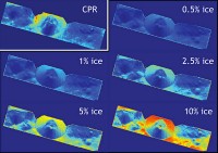Radar data indicate that the walls of Shackleton crater may hold ice. Actual observations (CPR) by LRO’s Mini-RF instrument are compared to calculated radar values for 0.5% to 10% ice. (Credit: NASA)