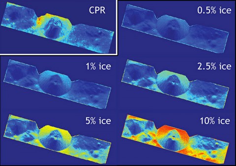 Radar data indicate that the walls of Shackleton crater may hold ice. Actual observations (CPR) by LRO's Mini-RF instrument are compared to calculated radar values for 0.5% to 10% ice. (Credit: NASA) Radar data indicate that the walls of Shackleton crater may hold ice. Actual observations (CPR) by LRO's Mini-RF instrument are compared to calculated radar values for 0.5% to 10% ice. (Credit: NASA)
