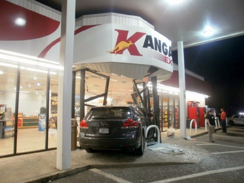 A 2011 Toyota Venza went crashed into the front of the Kangaroo Express on Tiny Town Road Wednesday night. (Photo by CPD-Officer Daniel Wimmer)