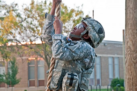 Spc. Lamisha Davis with Headquarters and Headquarters Company, 2nd Brigade Combat Team, 101st Airborne Division (Air Assault), begin their ascend to the top of the Air Assault Rope Climb, Oct. 4 at Fort Campbell’s Strike Field during the Strike Brigade’s combat focused physical training competition called the Iron Strike Challenge. The challenge is designed to push participants to their physical limits while promoting team and unit cohesion. (U.S. Army photo by Sgt. Mike Monroe, 2nd BCT PAO, 101st Abn. Div.)