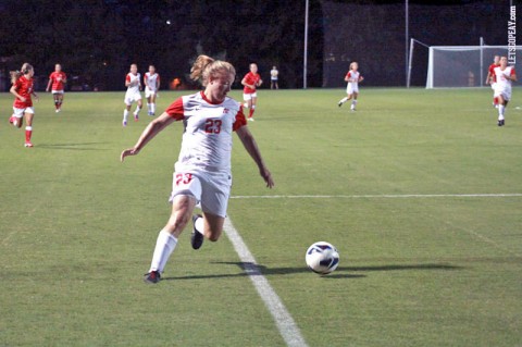 Austin Peay senior Emily Perkins hits the games only goal against Morehead State Friday night. Austin Peay Women's Soccer. (Courtesy: Brittney Sparn/APSU Sports Information)