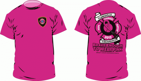 “Are You Brave Enough to Wear Pink” t-shirts being worn by Clarksville Fire Rescue personnel throughout the month of October.