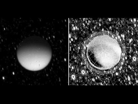 This set of images from NASA's Cassini spacecraft shows Saturn's moon Titan glowing in the dark. Titan was behind Saturn at the time, in eclipse from the sun. The image on the left is a calibrated, but unprocessed image from Cassini's imaging camera. The image on the right was processed to exclude reflected light off Saturn and it is clear that even where Titan did not receive any Saturnshine, it is still emitting light.  (Image credit: NASA/JPL-Caltech/SSI)