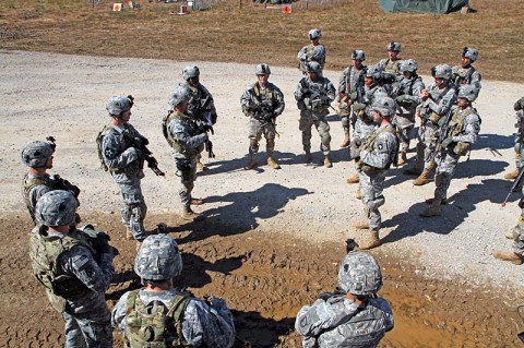 Soldier in the brigade’s personal security detachment platoon with 4th Brigade Combat Team, 101st Airborne Division, receive a final convoy briefing before they begin the convoy live-fire lane, Oct. 15th, 2012, during the brigade’s field exercise Eagle Flight III at Fort Campbell, KY. (Photo by Staff Sgt. Todd Christopherson)