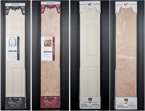 JELD-WEN Molded Panel Bifold, JELD-WEN Flush Natural Wood Grain Bifold, Reliabilt Molded Natural Wood Grain Bifold and Reliabilt Flush Natural Wood Grain Bifold doors are shown as packaged for retail outlets.