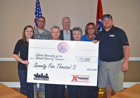 From Left: Melissa Messina, EANGTN representative; Command Sgt. Maj. George Holland, Senior Enlisted Leader; Betty Redmond, president of the EANGTN Auxiliary Soldier Airmen Relief Fund; Chris Hughes, Kangaroo Express regional sales director; Joan Goodrich, EANGTN Auxiliary Soldier Airman Relief Fund Secretary; Margaret Goodley, Kangaroo Express district sales manager; and Staff Sgt. Tommy Rieman, a National Guard Silver Star recipient.