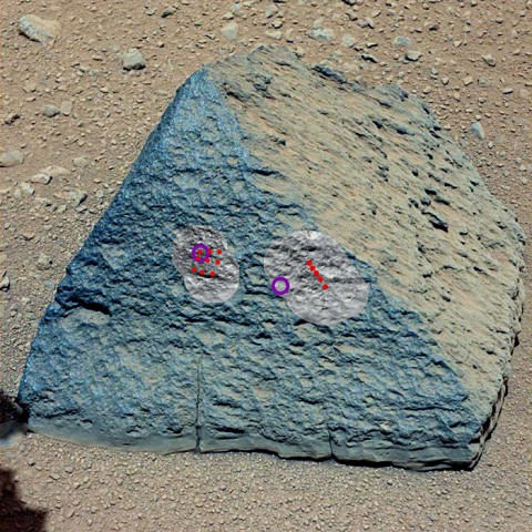 This image shows where NASA's Curiosity rover aimed two different instruments to study a rock known as "Jake Matijevic." (Image credit: NASA/JPL-Caltech/MSSS)