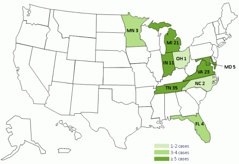 Persons by State with Meningitis Linked to Epidural Steroid Injections, as of October 8th, 2012. Three more cases have been reported in Tennessee bringing the case total to 35.