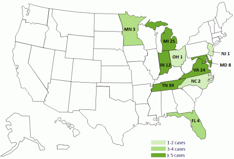 Persons by State with Meningitis Linked to Epidural Steroid Injections, as of October 9th, 2012. Four more cases have been reported in Tennessee bringing the case total to 39. Two additional confirmed deaths, bringing the Tennessee total to six.