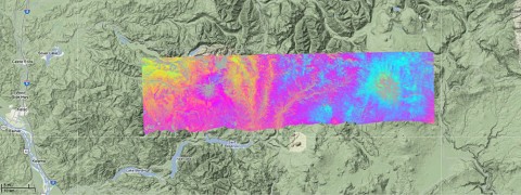 This UAVSAR interferogram shows active volcano Mount St. Helens (left) and dormant volcano Mount Adams, both in Washington state. The sensor collected data for this image during flights in July 2009 and August 2010 to compute the surface deformation that could indicate activity in the volcanoes' magma. No deformation was evident during this period. (NASA image) 