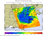 NASA’s Atmospheric Infrared Sounder (AIRS) instrument on NASA’s Aqua spacecraft captured this infrared image of Hurricane Sandy, another weather front to the west and cold air coming down from Canada at 2:17pm EDT Oct. 29th. The hurricane center is the darkest purple area in the Atlantic just to the east of the New Jersey coast, reflecting Sandy’s areas of heaviest rainfall. (Image Credit: NASA/JPL-Caltech)