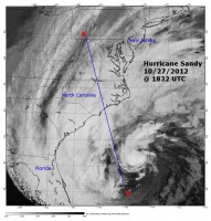 NASA CloudSat image (top) of Hurricane Sandy as it moved up the U.S. East Coast on Oct. 27th and crossed over the warm waters of the Gulf Stream. The image shows a 3-D cross-section of the storm over the path traveled, from point A to point B. Red and purple areas indicate the largest amounts of cloud water or precipitation. The black-and-white image below, from NASA’s Moderate Resolution Imaging Spectroradiometer (MODIS) instrument on NASA’s Aqua spacecraft, shows an aerial perspective of the storm and the CloudSat overpass. (Image Credit: NASA/JPL-Caltech)