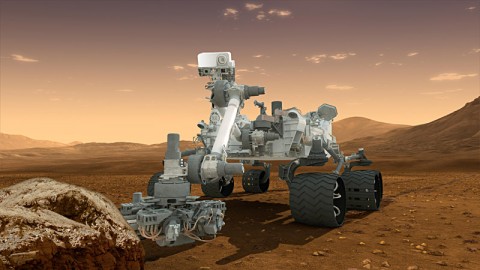 This artist's concept features NASA's Mars Science Laboratory Curiosity rover, a mobile robot for investigating Mars' past or present ability to sustain microbial life. (Image credit: NASA/JPL-Caltech)