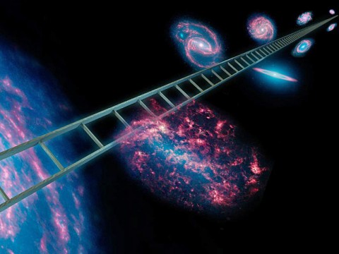 Astronomers using NASA's Spitzer Space Telescope have greatly improved the cosmic distance ladder used to measure the expansion rate of the universe, as well as its size and age. The cosmic distance ladder, symbolically shown here in this artist's concept, is a series of stars and other objects within galaxies that have known distances. (Image credit: NASA/JPL-Caltech)