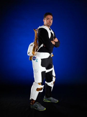 Project Engineer Roger Rovekamp demonstrates the X1 Robotic Exoskeleton for resistive exercise, rehabilitation and mobility augmentation in the Advanced Robotics Development Lab. (Image courtesy of Robert Markowitz) Project Engineer Roger Rovekamp demonstrates the X1 Robotic Exoskeleton for resistive exercise, rehabilitation and mobility augmentation in the Advanced Robotics Development Lab. (Image courtesy of Robert Markowitz)