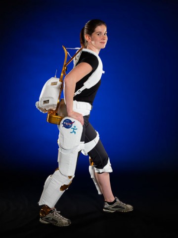 Project Engineer Shelley Rea demonstrates the X1 Robotic Exoskeleton. (Image courtesy of Robert Markowitz) Project Engineer Shelley Rea demonstrates the X1 Robotic Exoskeleton. (Image courtesy of Robert Markowitz)