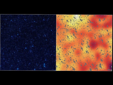 The image on the left shows a portion of our sky, called the Boötes field, in infrared light, while the image on the right shows a mysterious, background infrared glow captured by NASA's Spitzer Space Telescope in the same region of sky. Using Spitzer, researchers were able to detect this background glow, which spreads across the whole sky, by masking out light from galaxies and other known sources of light (the masks are the gray, blotchy marks). (Image credit: NASA/JPL-Caltech) The image on the left shows a portion of our sky, called the Boötes field, in infrared light, while the image on the right shows a mysterious, background infrared glow captured by NASA's Spitzer Space Telescope in the same region of sky. Using Spitzer, researchers were able to detect this background glow, which spreads across the whole sky, by masking out light from galaxies and other known sources of light (the masks are the gray, blotchy marks). (Image credit: NASA/JPL-Caltech)