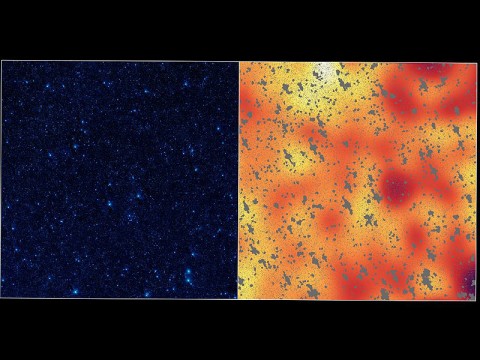 The image on the left shows a portion of our sky, called the Boötes field, in infrared light, while the image on the right shows a mysterious, background infrared glow captured by NASA's Spitzer Space Telescope in the same region of sky. Using Spitzer, researchers were able to detect this background glow, which spreads across the whole sky, by masking out light from galaxies and other known sources of light (the masks are the gray, blotchy marks). (Image credit: NASA/JPL-Caltech)