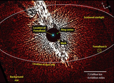 This visible-light image from the Hubble Space Telescope shows the vicinity of the star Fomalhaut, including the location of its dust ring and disputed planet, Fomalhaut b. A coronagraphic mask helped dim the star's brightness. This view combines two 2006 observations that were taken with masks of different sizes (1.8 and 3 arcseconds). (Credit: NASA/ESA/T. Currie, U. Toronto)