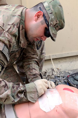 Spc. Stephen Palmer annotates injuries sustained on a casualty during a medical training exercise Oct. 13th, 2012 at Camp Clark, Afghanistan. Palmer, a combat medic serving with Bravo Troop, 1st Squadron, 33rd Cavalry Regiment, 3rd Brigade Combat Team, 101st Airborne Division (Air Assault), pursues his passion for caring for those in need while serving as a medic in the U.S. Army. (Photo by Sgt. 1st Class Abram Pinnington)