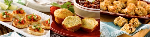 (L to R) Roasted Corn and Red Pepper Corn Cakes with Avocado Salsa, Sweet Cheese and Chile Corn Muffins and Sausage and Cheese Appetizer Biscuits.