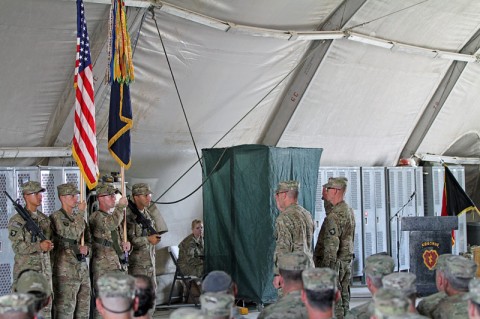 Col. R.J. Lillibridge, commander of the 3rd Brigade Combat Team “Rakkasans”, 101st Airborne Division (Air Assault), Task Force 3-101, and Command Sgt. Maj. Eric Crabtree, Command Sgt. Maj. of the 3rd BCT, 101st ABN DIV (ASSLT), salute the American flag after uncasing their Brigade colors during the Transfer of Authority ceremony at Forward Operating Base Salerno, Khost Province, Afghanistan, Oct. 6, 2012. (Photo By: Army Sgt. 1st Class Abram Pinnington) Col. R.J. Lillibridge, commander of the 3rd Brigade Combat Team “Rakkasans”, 101st Airborne Division (Air Assault), Task Force 3-101, and Command Sgt. Maj. Eric Crabtree, Command Sgt. Maj. of the 3rd BCT, 101st ABN DIV (ASSLT), salute the American flag after uncasing their Brigade colors during the Transfer of Authority ceremony at Forward Operating Base Salerno, Khost Province, Afghanistan, Oct. 6, 2012. (Photo By: Army Sgt. 1st Class Abram Pinnington)