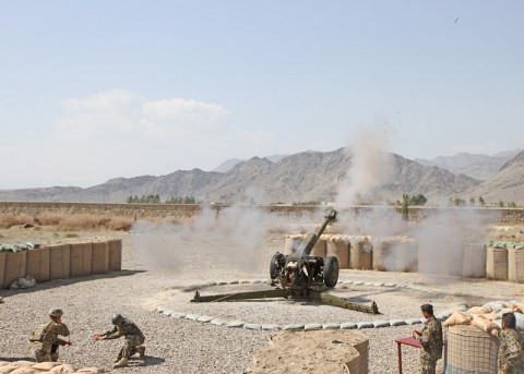 Soldiers with the Afghanistan National Army's 4th Kandak, 1st Infantry Brigade, 203rd Afghan Army Corps, fire a Russian made D-30 122mm howitzer during a joint training live-fire exercise with soldiers from Battery A, 3rd Battalion, 320th Field Artillery Regiment, 3rd Brigade Combat Team “Rakkasans," 101st Airborne Division (Air Assault), at Camp Clark, Oct. 13, 2012. (Photo by Sgt. 1st Class Abram Pinnington)