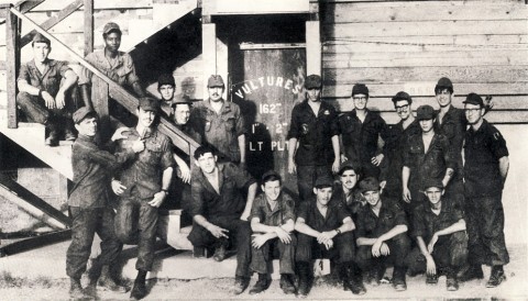 The 162nd Assault Helicopter Company: Chief Warrant Officer 4 Walter Jones (far left, sitting on the stairs) served as a Huey crew chief with he 162nd Assault Helicopter Company in Can Tu, Vietnam. (Photo Courtesy of Diane Jones)