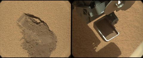 This pairing illustrates the first time that NASA's Mars rover Curiosity collected a scoop of soil on Mars. It combines two raw images taken on the mission's 61st Martian day, or sol (October 7th, 2012) by the right camera of the rover's two-camera Mast Camera (Mastcam) instrument. The right Mastcam, or Mastcam-100, has a telephoto, 100-millimeter-focal-length lens. (Image Credit: NASA/JPL-Caltech/MSSS)