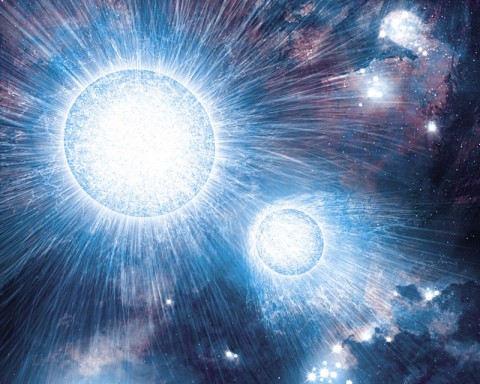 Artist's rendering of a colliding wind binary. (Credit: NASA/C. Reed) Artist's rendering of a colliding wind binary. (Credit: NASA/C. Reed)