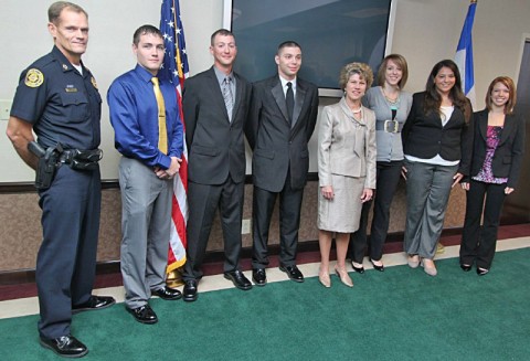 (Left to Right) Chief Ansley, Jack Williams, Justin Pequignot,  Joshua Katz, Clarksville Mayor Kim McMillan, Melissa Smith, Rebecca Erickson, and Heather Lombardo. (Photo by CPD-Jim Knoll)