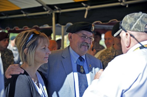 Mr. Gary Beikirch, Medal of Honor recipient and former member of the 5th Special Forces Group, and his wife Loreen, meet with veterans of the 5th SFG (A) following a dedication ceremony Sept. 22, 2012, for the newly built Beikirch Hall, the headquarters for 2nd Battalion, 5th SFG (A).  (Photo courtesy of the U.S. Army)