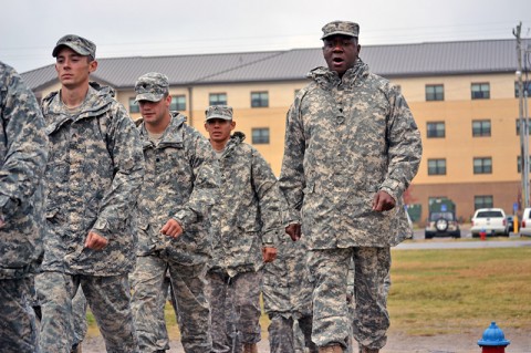 Spc. Tariq Muhammad, a fueler with Company A, 563rd Aviation Support Battalion, 159th Combat Aviation Brigade, keeps troops in step during the Warrior Leader Course at the Staff Sgt. John W. Kreckel NCO Academy at Fort Campbell, KY, Oct. 7th. Numerous soldiers of the 159th CAB have graduated on the Commandant's List in the last four consecutive classes. (U.S. Army photo by Spc. Jennifer Andersson)