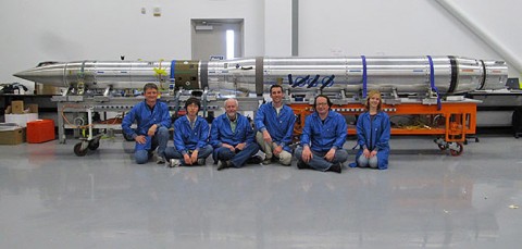 The FOXSI team sits in front of the integrated payload before it gets ready for launch (from left to right: Paul Turin, Shinya Saito, Stephen McBride, Steven Christe, Säm Krucker, Lindsay Glesener). (Credit: NASA/S. Fitzpatrick)