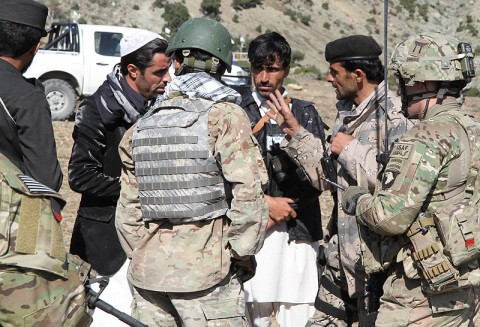 U.S. Army 2nd Lt. Elijah Bales, a Knoxville, TN, native and platoon leader with Company C, 1st Battalion, 187th Infantry Regiment, 3rd Brigade Combat Team, 101st Airborne Division (Air Assault), speaks through an interpreter to a group Afghan Uniformed Police while conducting a presence patrol led by AUP and Afghan Border Police in a village near Chamkani, Oct. 23, 2012. (U.S. Army photo by Sgt. 1st Class Abram Pinnington, TF 3-101 Public Affairs) U.S. Army 2nd Lt. Elijah Bales, a Knoxville, TN, native and platoon leader with Company C, 1st Battalion, 187th Infantry Regiment, 3rd Brigade Combat Team, 101st Airborne Division (Air Assault), speaks through an interpreter to a group Afghan Uniformed Police while conducting a presence patrol led by AUP and Afghan Border Police in a village near Chamkani, Oct. 23, 2012. (U.S. Army photo by Sgt. 1st Class Abram Pinnington, TF 3-101 Public Affairs)