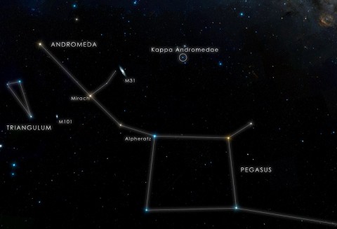 This chart locates the star Kappa Andromedae, which is visible to the unaided eye from suburban skies. (Credit: NASA's Goddard Space Flight Center/DSS)