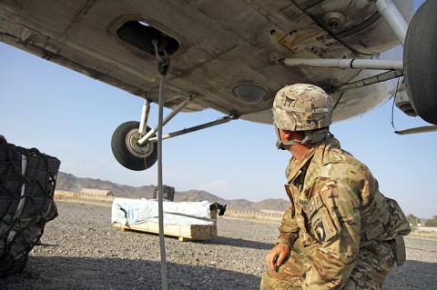 U.S. Army Spc. Pete Sigala, who hails from Anaheim, Calif., a helicopter landing zone sling load specialist from Headquarters Company, 626th Brigade Support Battalion, 3rd Brigade Combat Team “Rakkasans,” 101st Airborne Division (Air Assault), double checks the sling load from under a civilian contacted air asset helicopter after successfully hooking up a load of supplies at Forward Operating Base Salerno, Nov. 5, 2012. (U.S. Army photo by Sgt. 1st Class Abram Pinnington, TF 3/101 Public Affairs)