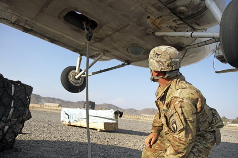 U.S. Army Spc. Pete Sigala, who hails from Anaheim, Calif., a helicopter landing zone sling load specialist from Headquarters Company, 626th Brigade Support Battalion, 3rd Brigade Combat Team “Rakkasans,” 101st Airborne Division (Air Assault), double checks the sling load from under a civilian contacted air asset helicopter after successfully hooking up a load of supplies at Forward Operating Base Salerno, Nov. 5, 2012. (U.S. Army photo by Sgt. 1st Class Abram Pinnington, TF 3/101 Public Affairs)