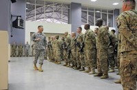 Maj. General James McConville, commanding general of the 101st Airborne Division, speaks to soldiers of the 1st Brigade Combat Team Oct. 29 at the airfield terminal here before they deploy to Afghanistan. The soldiers represent the brigade’s advance part teams and will lead the brigade in its next rendezvous with destiny. (Photo by Sgt. Jon Heinrich)