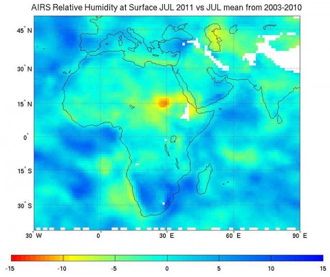 Scientists used observations from two NASA satellite instruments, including relative humidity data similar to these, from the Atmospheric Infrared Sounder (AIRS) instrument on NASA's Aqua spacecraft, to analyze how well leading global climate models reproduce observed relative humidity in Earth's tropics and subtropics. The AIRS surface relative humidity data shown here are representative only and are not from the study. Areas shown in reds and yellows are the driest; blue areas the moistest. (Image credit: NASA/JPL-Caltech)