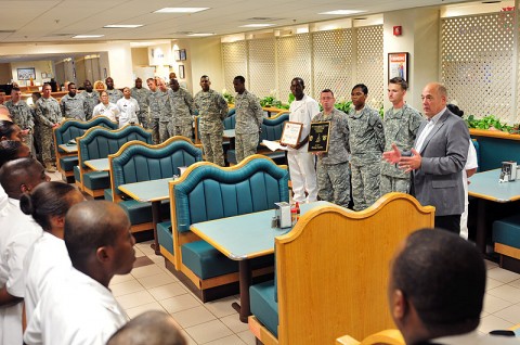 Retired Command Sgt. Maj. Carl E. Christian, who retired as the FORSCOM command sergeant major in 2005, emphasizes to soldiers with the 4th Brigade Combat Team, 101st Airborne Division, Oct. 17, 2012, the significance of earning the 101st Airborne Division Commanding General’s Best Dining Facility or “Best Mess” of the Quarter at Fort Campbell, Ky. This is the second time back-to-back that the Currahee Dining Facility earned this award. (U.S. Army photo by Maj. Kamil Sztalkoper, 4th Brigade Combat Team Public Affairs)