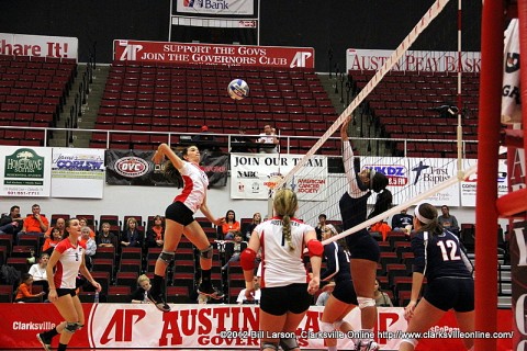 APSU's Lauren Henderson goes up to hit one of her 13 kills against the UT Martin Skyhawks.