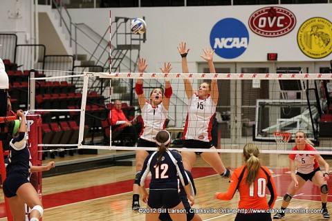 APSU Lady Govs Cami Fields (left) and Hillary Plybon (right) go up to block a Skyhawks shot.