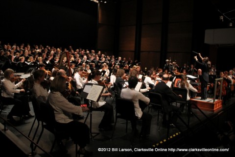 The Nashville Symphony Orchestra and Nashville Symphony Chorus on stage in the George and Sharon Mabry Concert Hall on Austin Peay State University