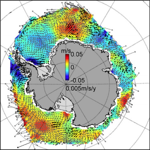 Trends in Antarctic sea ice motion over the 19-year study period are shown by the arrows, in meters per second per year. The background colors show the change in northward ice speed, with reds being fastest and blues slowest. The image highlights the tremendous variability in wind-driven ice drift around the Antarctic continent. (Image credit: NASA/JPL-Caltech/British Antarctic Survey)