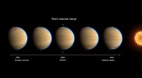 This artist’s impression of Saturn’s moon Titan shows the change in observed atmospheric effects before, during and after equinox in 2009. The Titan globes also provide an impression of the detached haze layer that extends all around the moon (blue). This image was inspired by data from NASA’s Cassini mission. (Image Credit: ESA)