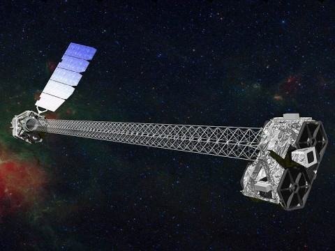 Artist's concept of NuSTAR on orbit. NuSTAR has a 10-m (30') mast that deploys after launch to separate the optics modules (right) from the detectors in the focal plane (left). (Image credit: NASA/JPL-Caltech)