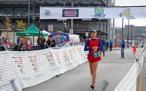 Russ Shemberger, a licensed massage therapist with Restore Performance Massage, finishes the inaugural Bowling Green Half-Marathon held Sunday, Nov. 5th in Bowling Green, Ky. He ran the hilly course in 1:34:10, placing in the top 10 overall and second in his age group. (Photo by Melony Shemberger)